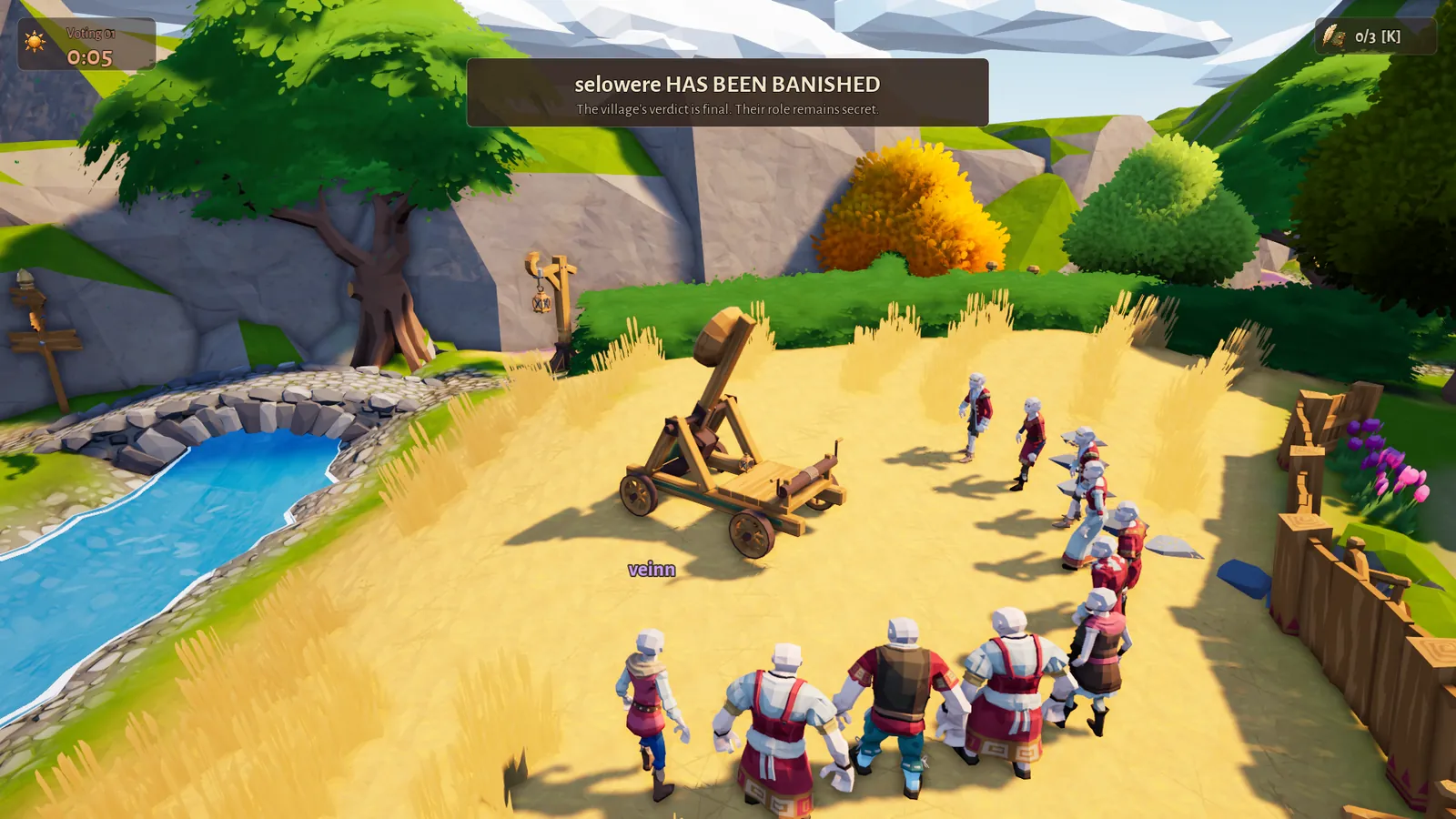 Villagers standing in a circle around a catapult in a sunny field. A banner reads that a player has been banished.