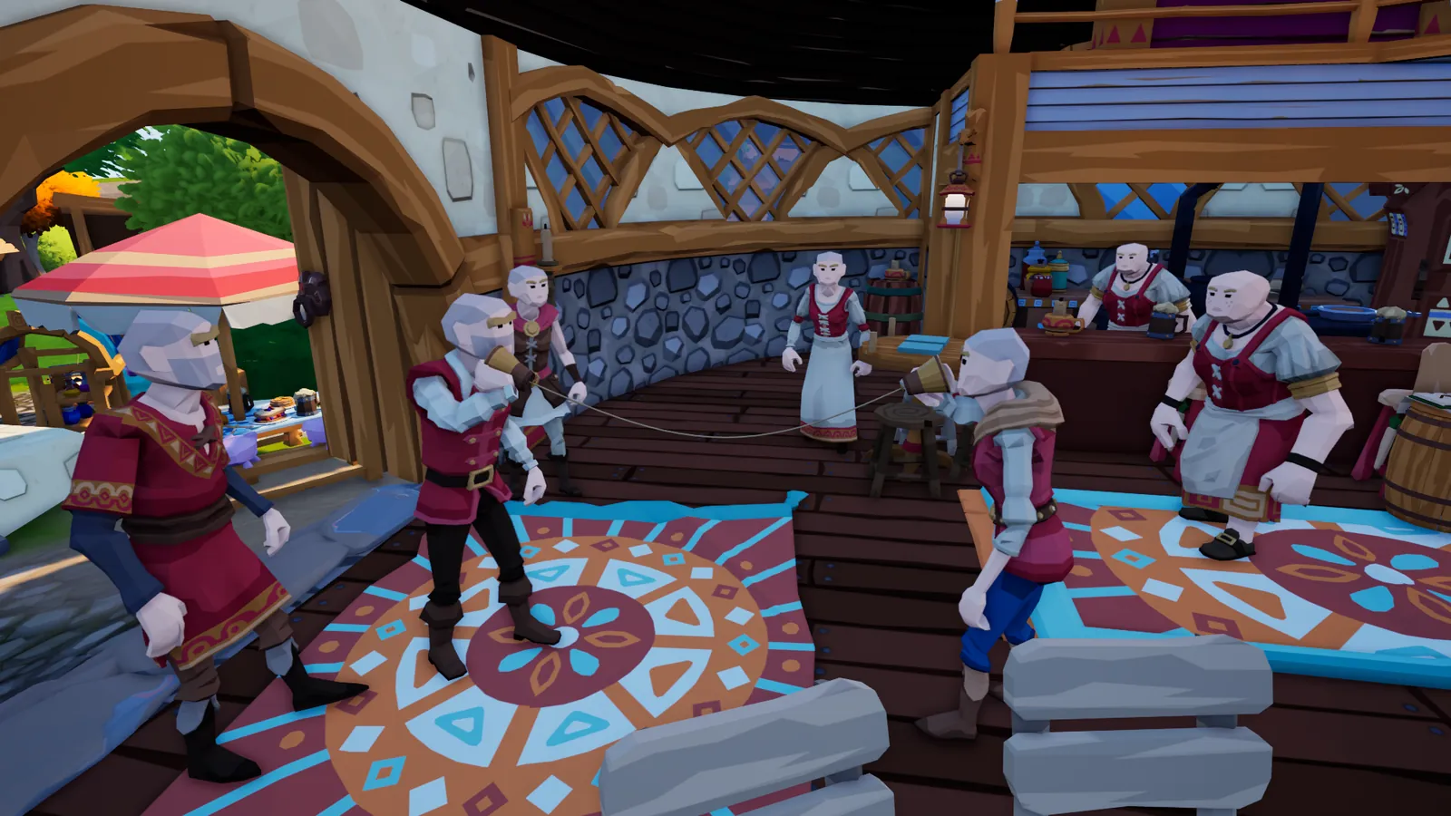 Villagers in a tavern, two of them talking through a tin-can phone on a string.