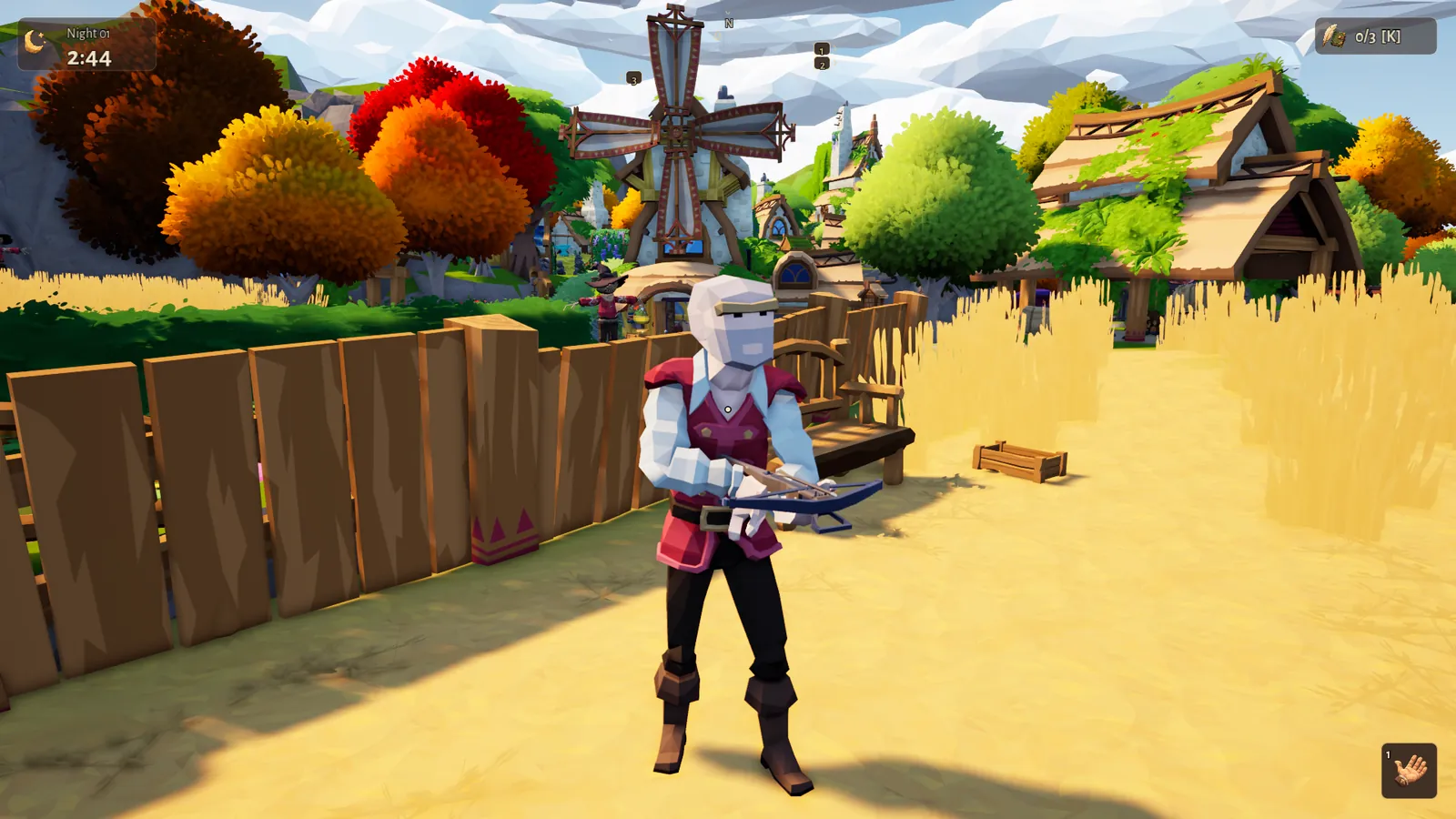 A villager in a helmet holding a crossbow beside a wooden fence, a windmill in the distance.