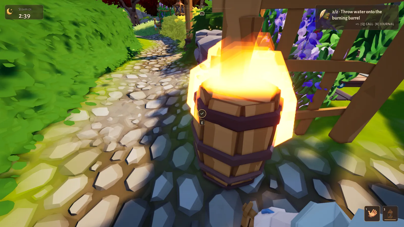 A burning barrel on a cobbled path, with a task asking you to throw water onto it.