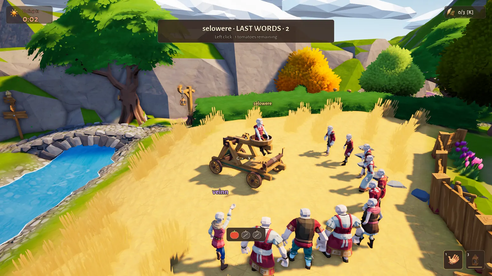 A villager on the catapult about to be launched while the others watch, with a last-words countdown on screen.