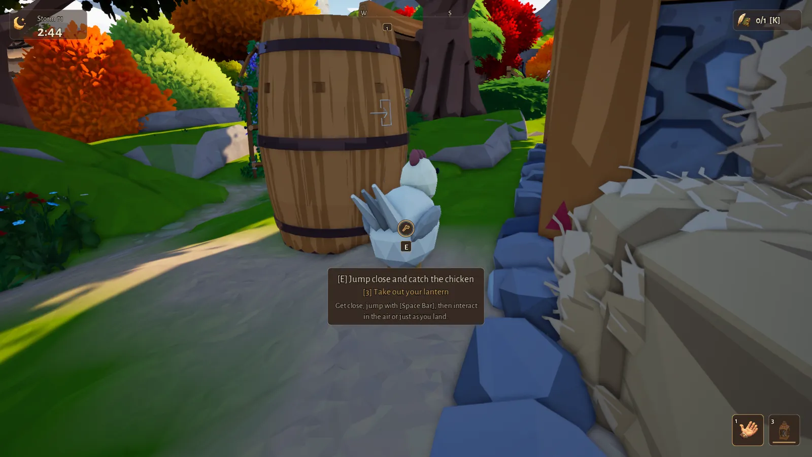 First-person view of a white chicken next to a wooden barrel, with a prompt to jump close and catch it.