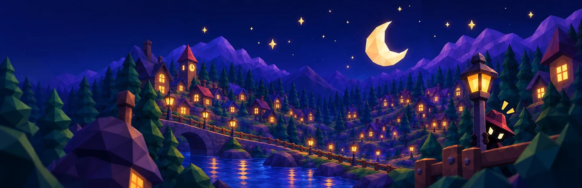 Wiggle Town key art: a moonlit village with a stone bridge, glowing lanterns, and a mysterious figure peeking over a fence